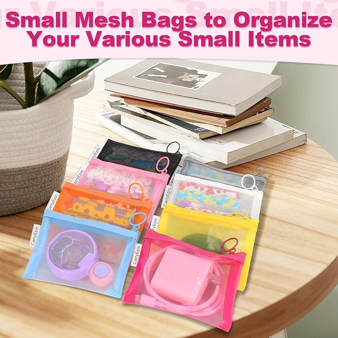 Mini Mesh Pouches(8 Pack), Small Mesh Bags with Zipper Nylon Makeup Pouches Bag Cosmetic Pouch Travel Purse Organizer Insert Diaper Inside Bag Organizers Home Organizing Size See Through Cute Colors