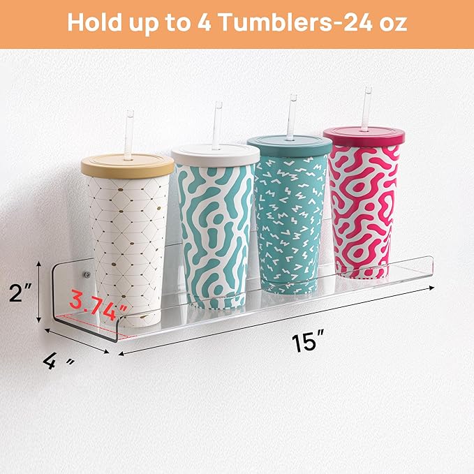 upsimples Acrylic Shelves for Bathroom Storage, 15" Floating Shelves Wall Organizer for Perfume, Make up, Skincare, Kids Bookshelf for Bedroom, Nursery, Living Room Decor, Clear, 4 Pack