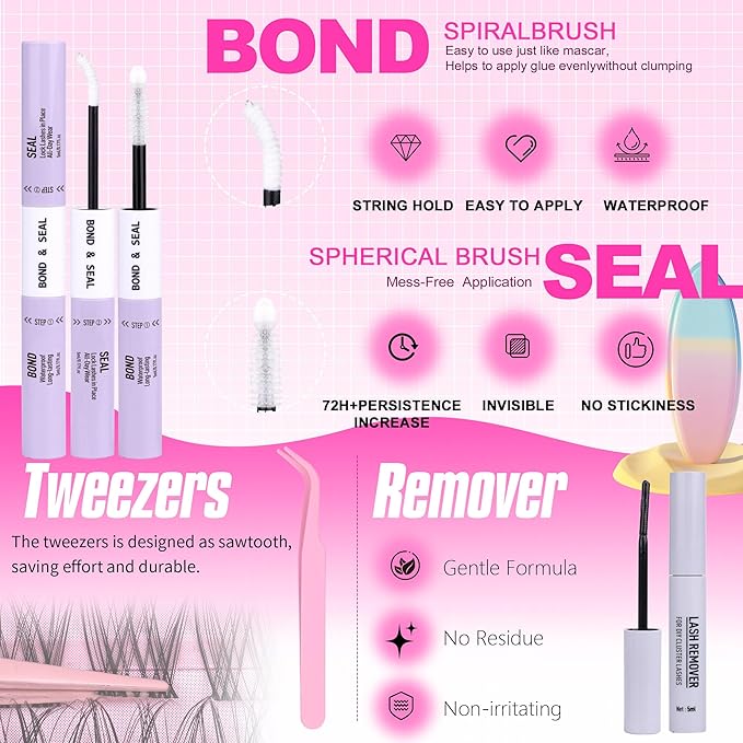 Geeneiya Venus Lashes Clusters Kit DIY Lash Extension, 8-14MM Invisible Lash Clusters, Soft Band Cluster Eyelash Extensions Kit with Waterproof Lash Bond and Seal, Lash Remover, Tweezers for Beginners