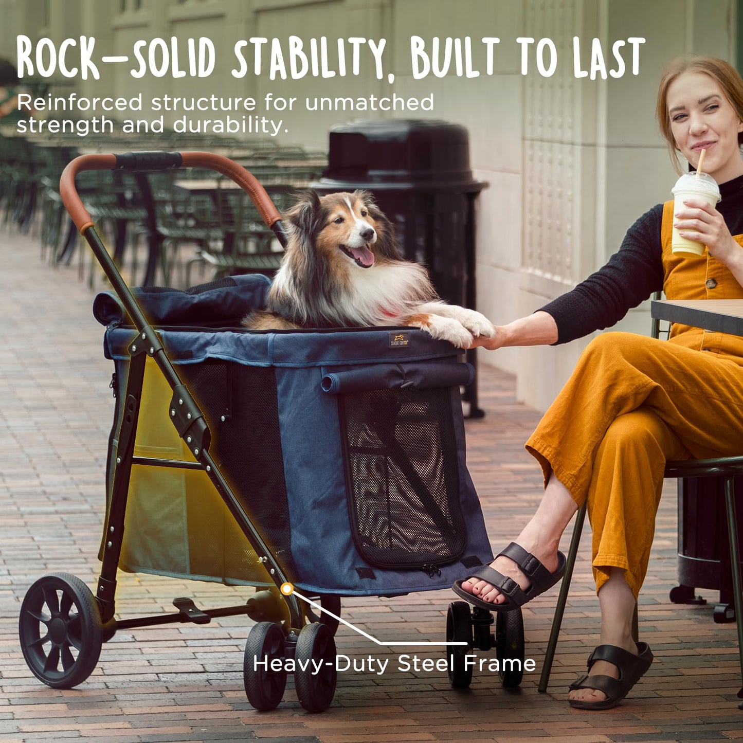 CANINE CANYON Scout Pet Stroller, Heavy Duty Dog Stroller for Large/Medium Dogs, Foldable Pet Stroller for 2 Small Dogs with All-Terrain Wheels, Storage Pocket & Cup Holder, 55 lbs Capacity, Navy Blue