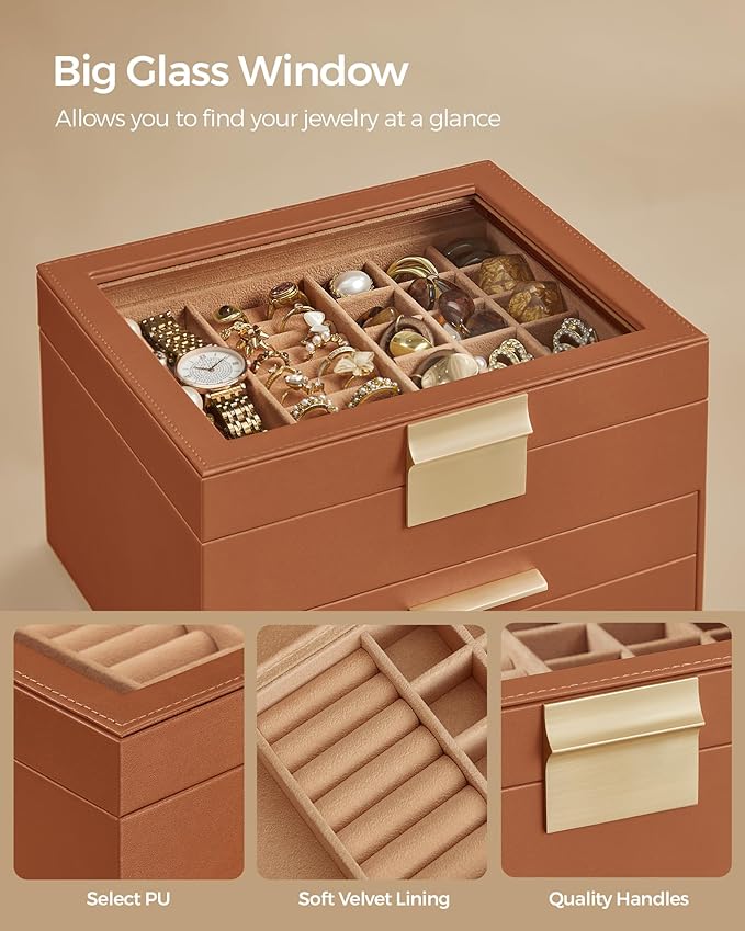 SONGMICS GISELLA Collection - Jewelry Box Organizer, 3-Layer Jewelry Storage with 2 Drawers, Shiny Metal Hardware, Glass Lid, Modern, 8 x 9.1 x 5.3 Inches, Caramel Brown and Gold Color UJBC239K01