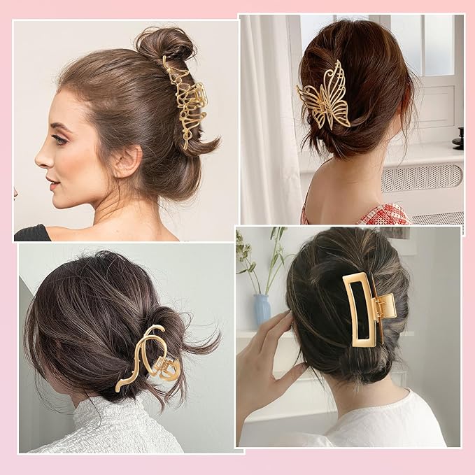 LUKACY 6 Pack Large Metal Hair Claw Clips - 4 Inch, Perfect Big gold Jaw hair clamps for Women and Thinner, Thick hair styling,Strong Hold, Fashion Hair Accessories (Style 2)