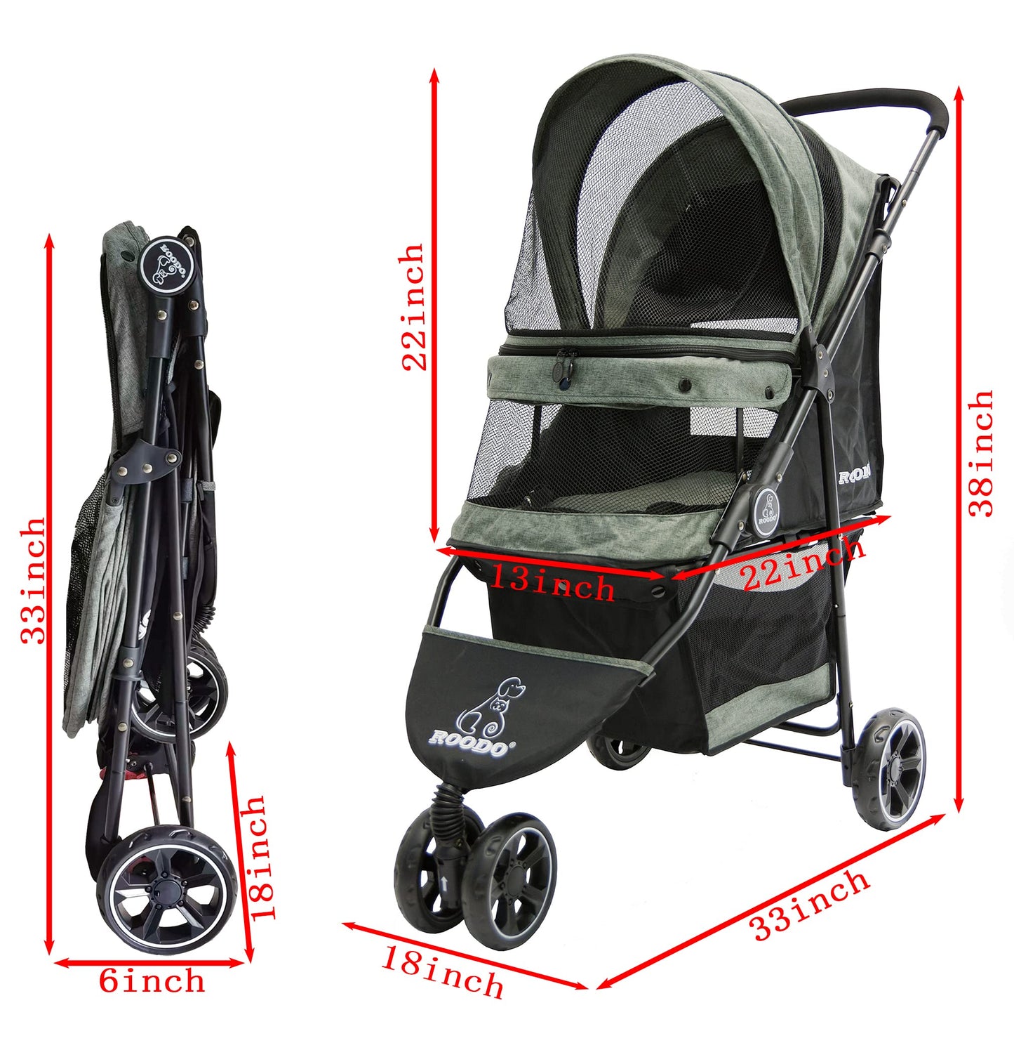 ROODO 3 Wheel Dog Pet Cat Stroller Best Lightweight Foldable Compact Portable Jogger All Terrain Travel Pet Gear Puppy Kitty Stroller for up to 30lbs Medium Small Dogs and Cats(Cationic ash)