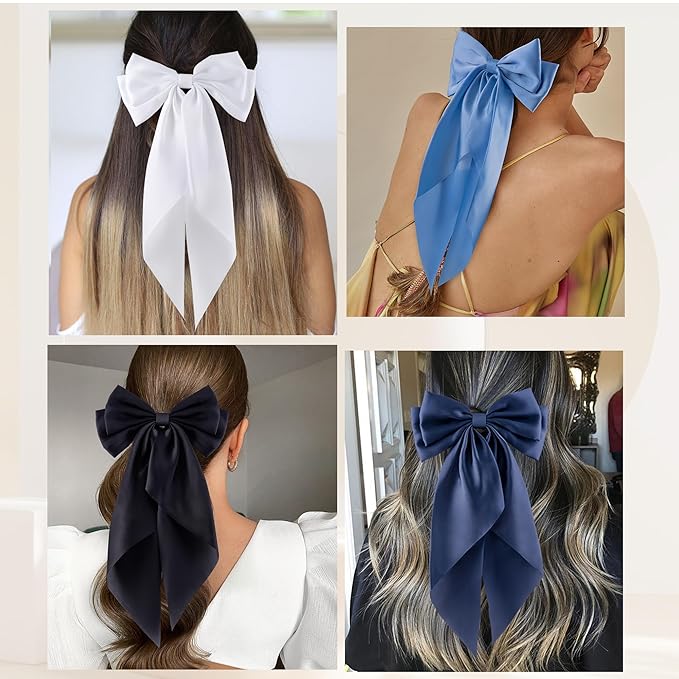 6Pcs Large Bows Hair Clips for Women Girls Long Tail Hair Ribbon Silky Satin Barrettes Coquette Bows Accessories (Black/Skyblue/Grayblue)