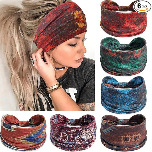 Awumbuk Wide Headbands for Women Knotted No Slip Head Bands Soft Turban Headband Hair Accessories Boho African Solid Color Head Wraps for Women Yoga Workout Pack of 6