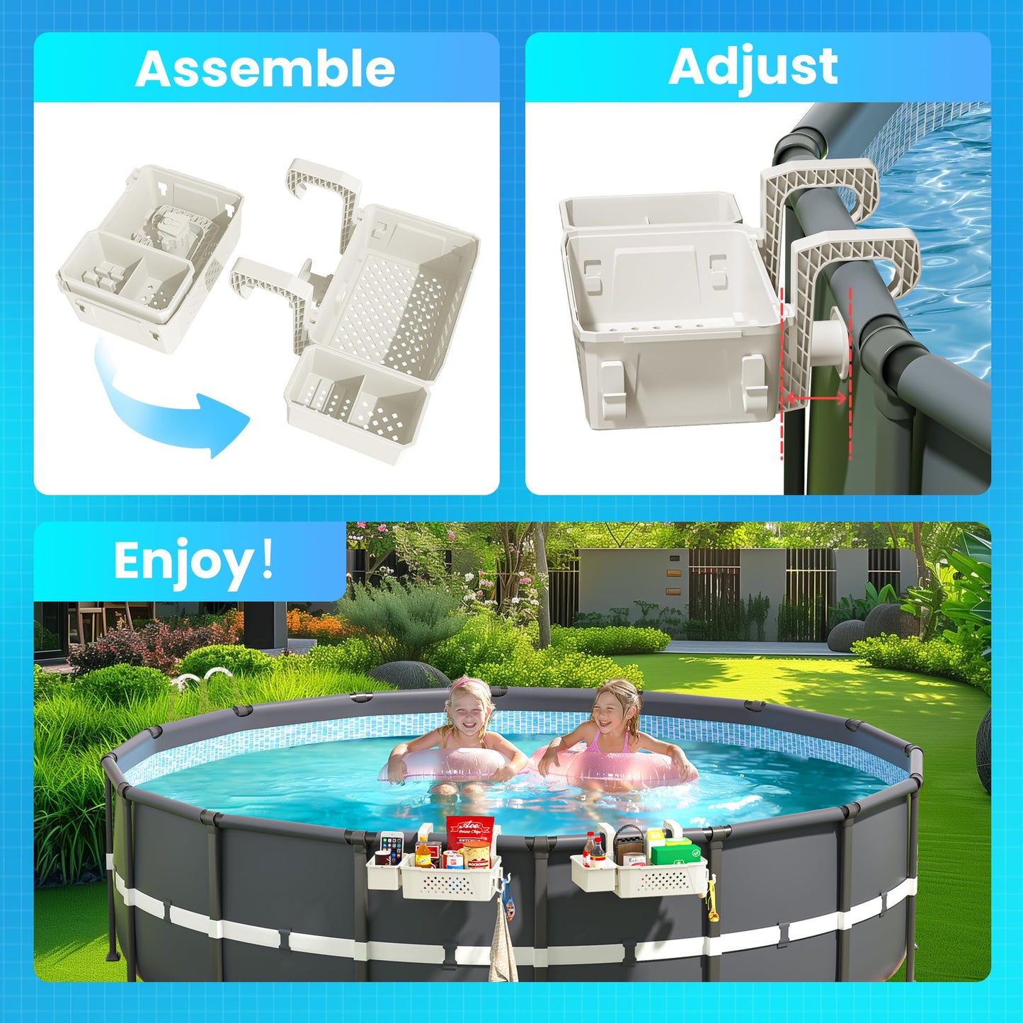 AquaJoyer 2 Sets of Poolside Storage Baskets with Cup Holders - Perfect for 3-Inch or Smaller Top Rails - Above Ground Pool Accessories - Fit for Most Above Ground Pool（Beige）