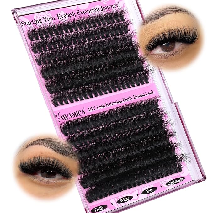 Yawamica Wispy Individual Lashes Clusters Fluffier Eyelash Extension 150D+200D Thick Volume Eyelash Clusters 14-20mm D Curly Lashes 240pcs DIY Lash Extension for Beginners, Black