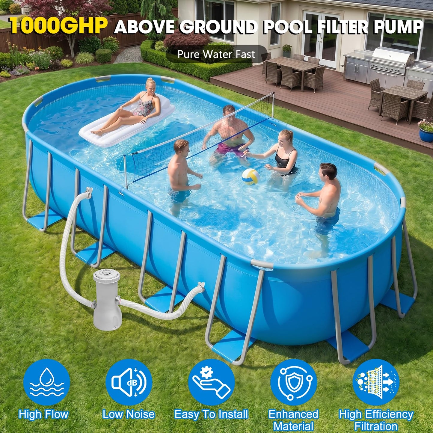 Pool Pump and Filter Above Ground, 1000 Gallon Swimming Filter Cartridge Pumps, Electric Pools Water Pump Filter for Pools Sand Cleaning Tool, 1000 GPH Filters Pumps for Above Ground