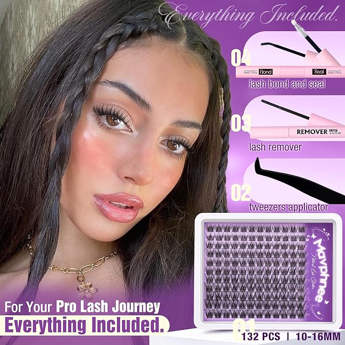 Natural Lash Clusters Kit Wispy Eyelash Clusters CC-Curly Cluster Eyelash Extensions 132 pcs Individual Lash Extensions DIY Lash Extension Kit with Lash Bond and Seal and Remover Lash Kit by Mavphnee