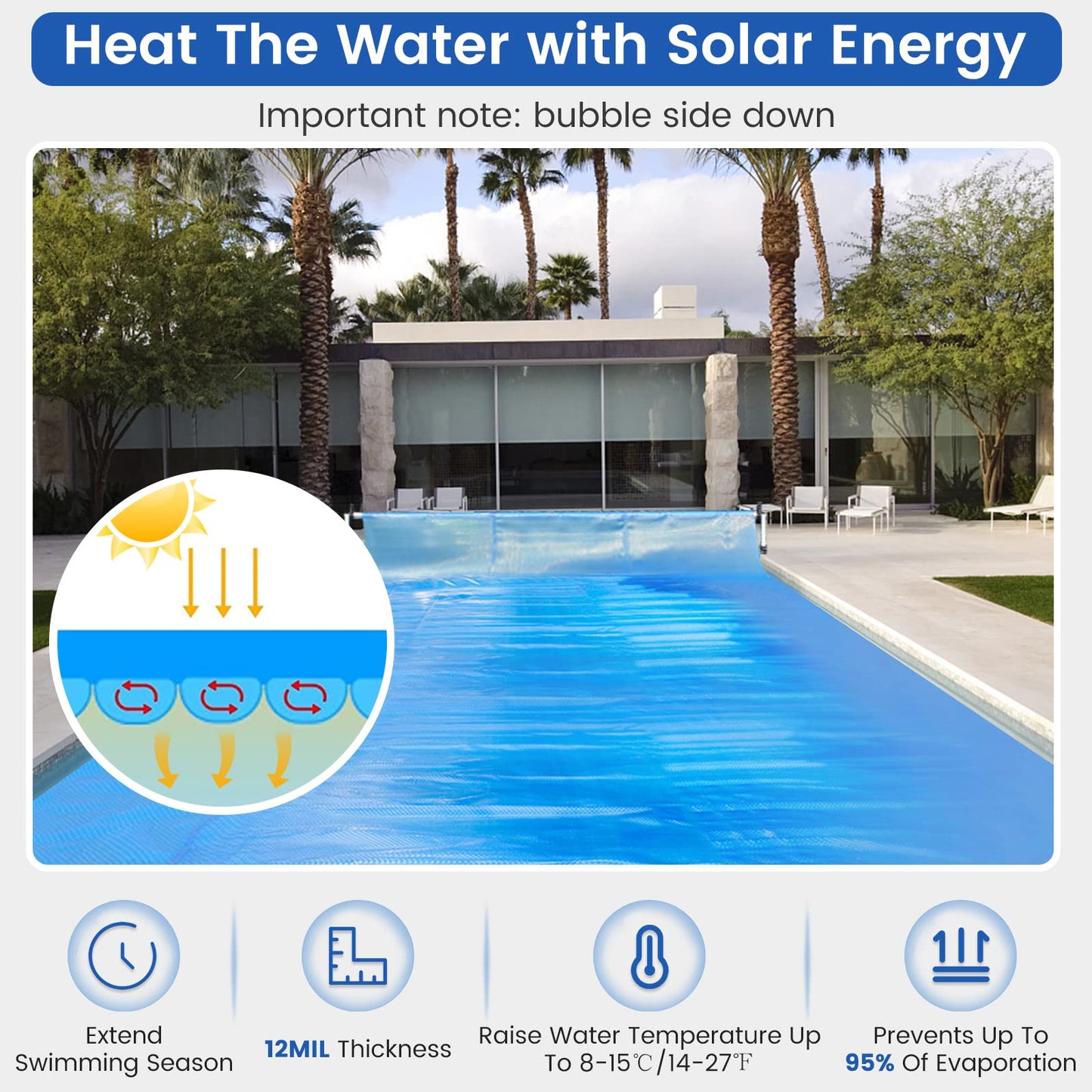 Goplus Pool Cover, 18 x 36 FT Solar Blanket 12 Mil with Carrying Bag for In-Ground and Above-Ground Swimming Pools, Rectangle Hot Tub SPA Thermal Blanket, Blue Bubble