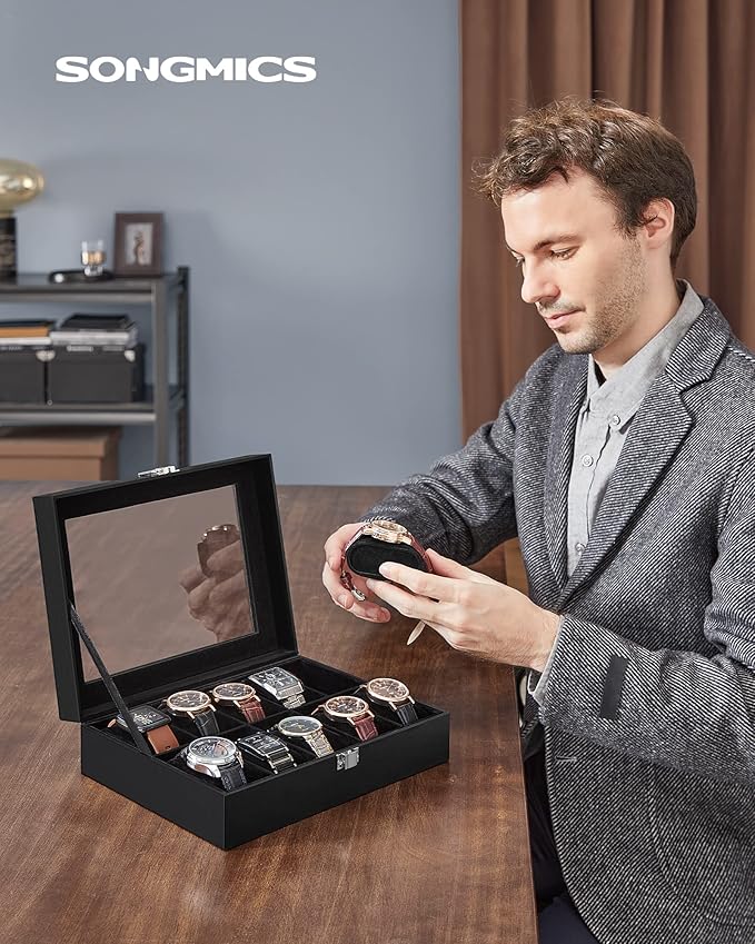 SONGMICS Watch Box, 10-Slot Watch Case Organizer with Large Glass Lid, Removable Pillows, Gift for Loved Ones, Black Synthetic Leather, Black Lining UJWB010B02