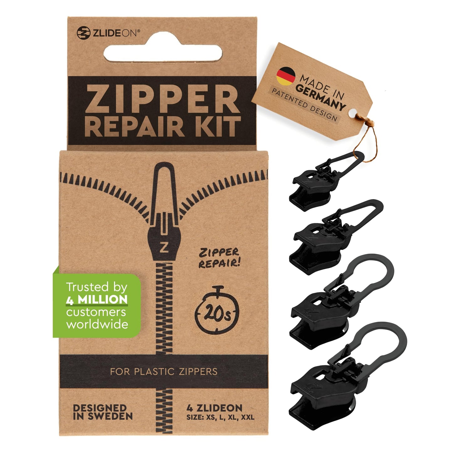Zlideon Zipper Repair Kit for Plastic Zippers Multipack - 4pcs, Black | Instant Zipper Pull Replacement Slider for Kids’ Clothing, Sportswear, Duvet Covers | Easy to Install | Made in Germany