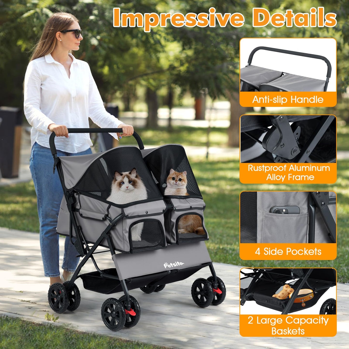 PETSITE Double Pet Stroller, Foldable Double Dog Stroller with 2-Seater Carrier, Adjustable Sunshade, Removable Pad, Safety Belt, Storage Basket, 4-Wheel Pet Travel Cart for 2 Puppies & Cats (Grey)