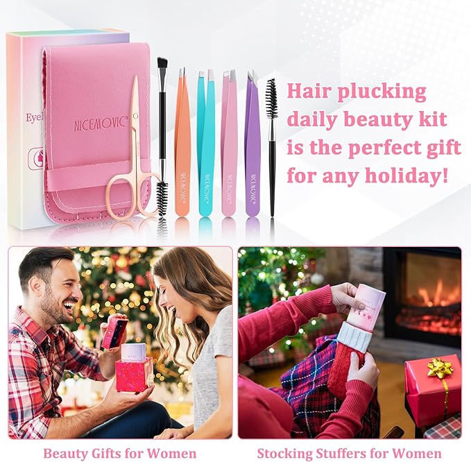 NICEMOVIC 7 Pcs Tweezers Set for Women Facial Hair, Tweezers for Eyebrows with Scissor & Brush, Easter Basket Stuffers for Women Teen Girls, Mother's Day Gifts, Stocking Stuffers Christmas Gifts