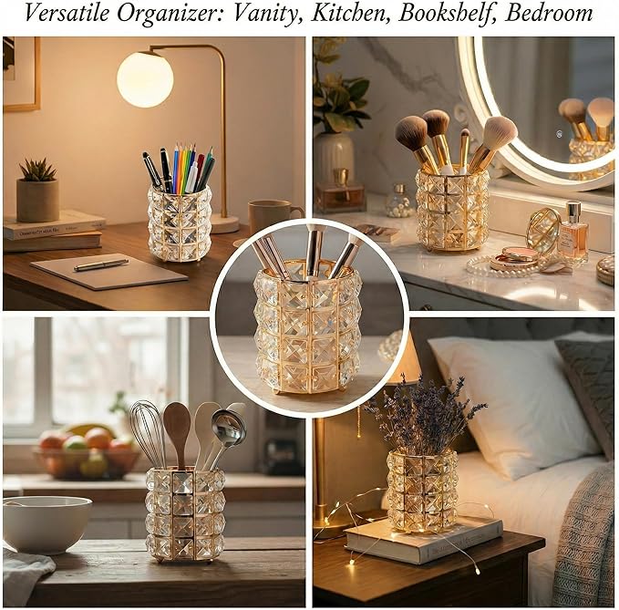 YAGELI Crystal Pen Holder for Desk, 3.58" Gold/Silver Metal Pencil Cup, Elegant Office Desk Accessories for Women, Modern Home Office Decor, Teacher Gift - Compact Vanity Makeup Brush Organizer(Gold)