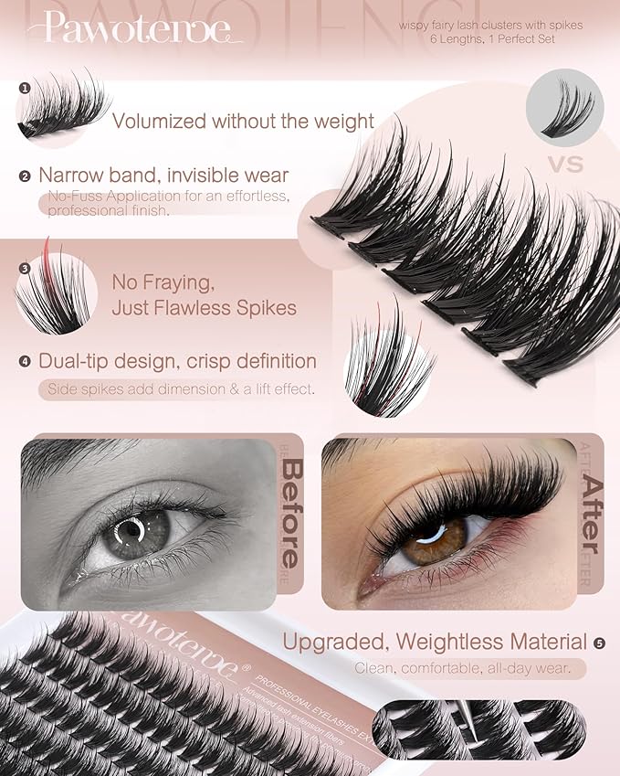 Pawotence Wispy Lash Clusters 12-22mm Cluster Eyelash Extensions 240pcs Individual Lashes Clusters Fairy Spikes Eyelash Clusters Lashes Extension