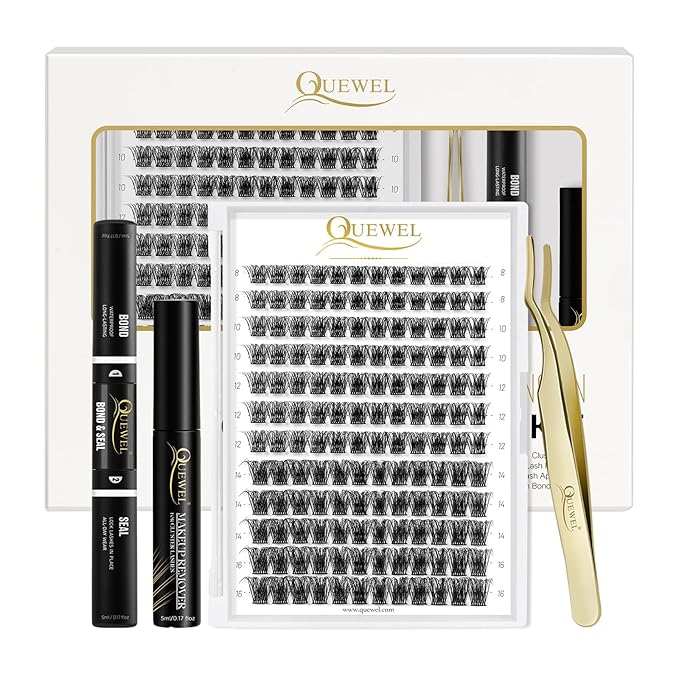 QUEWEL DIY Eyelash Extensions Kit, Lash Clusters 144 Pcs, Clusters Eyelash Applicator Tool, Super Hold Cluster Lashes Bond and Seal, Glue Remover Easy to Apply at Home(S012-Kit)