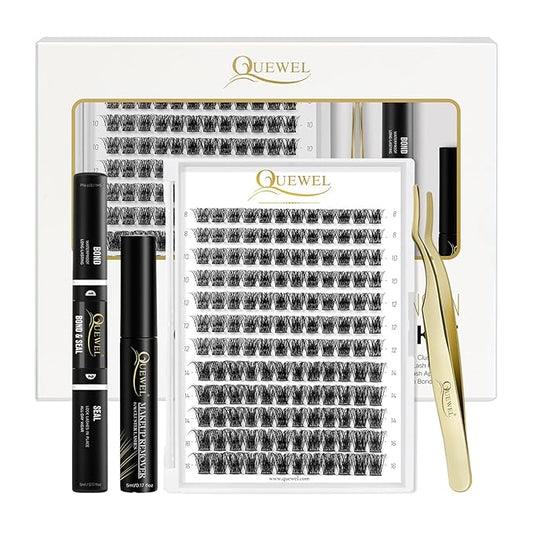 QUEWEL DIY Eyelash Extensions Kit, Lash Clusters 144 Pcs, Clusters Eyelash Applicator Tool, Super Hold Cluster Lashes Bond and Seal, Glue Remover Easy to Apply at Home(S012-Kit)