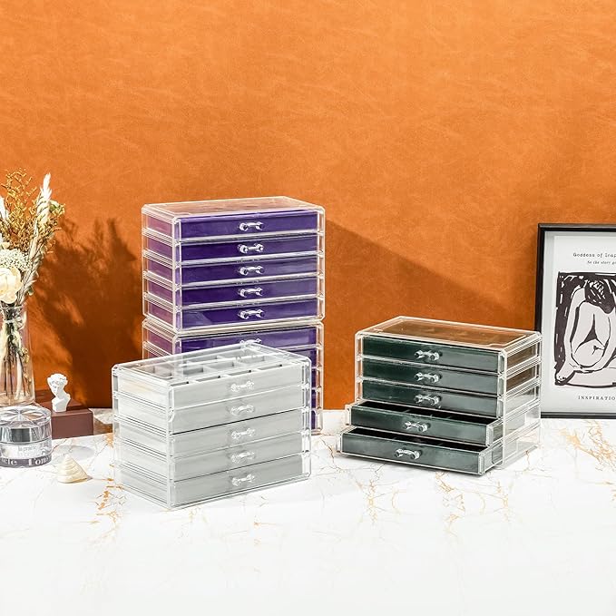 ProCase Earring Holder Organizer Jewelry Box with 5 Drawers, Acrylic Clear Earring Case with Adjustable Velvet Trays for Women - Purple, 5 Layers