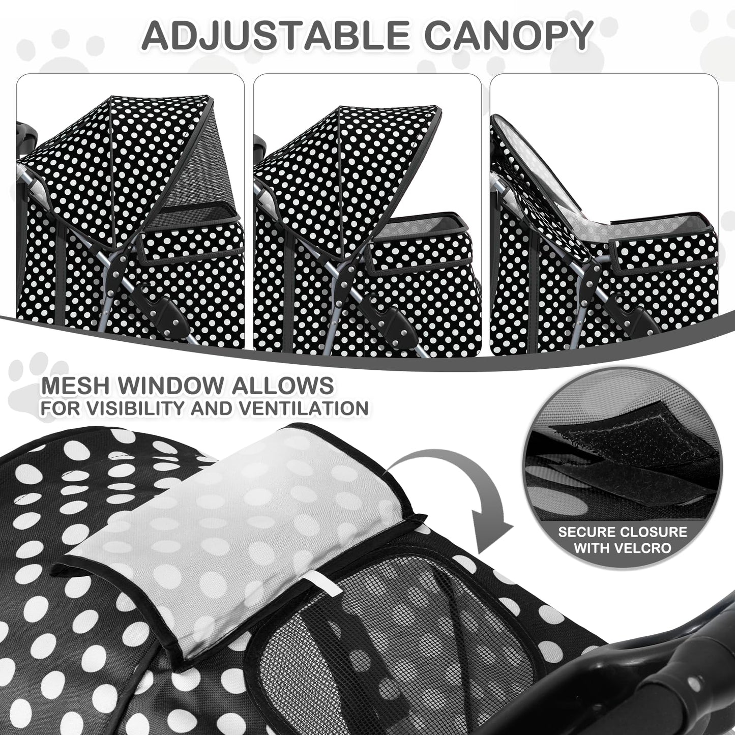 MoNiBloom 3 Wheels Pet Dog Cat Stroller for Small Medium Dogs Cats, Foldable Jogger Stroller w/Storage Basket and Cup Holder, Black Polka Dots