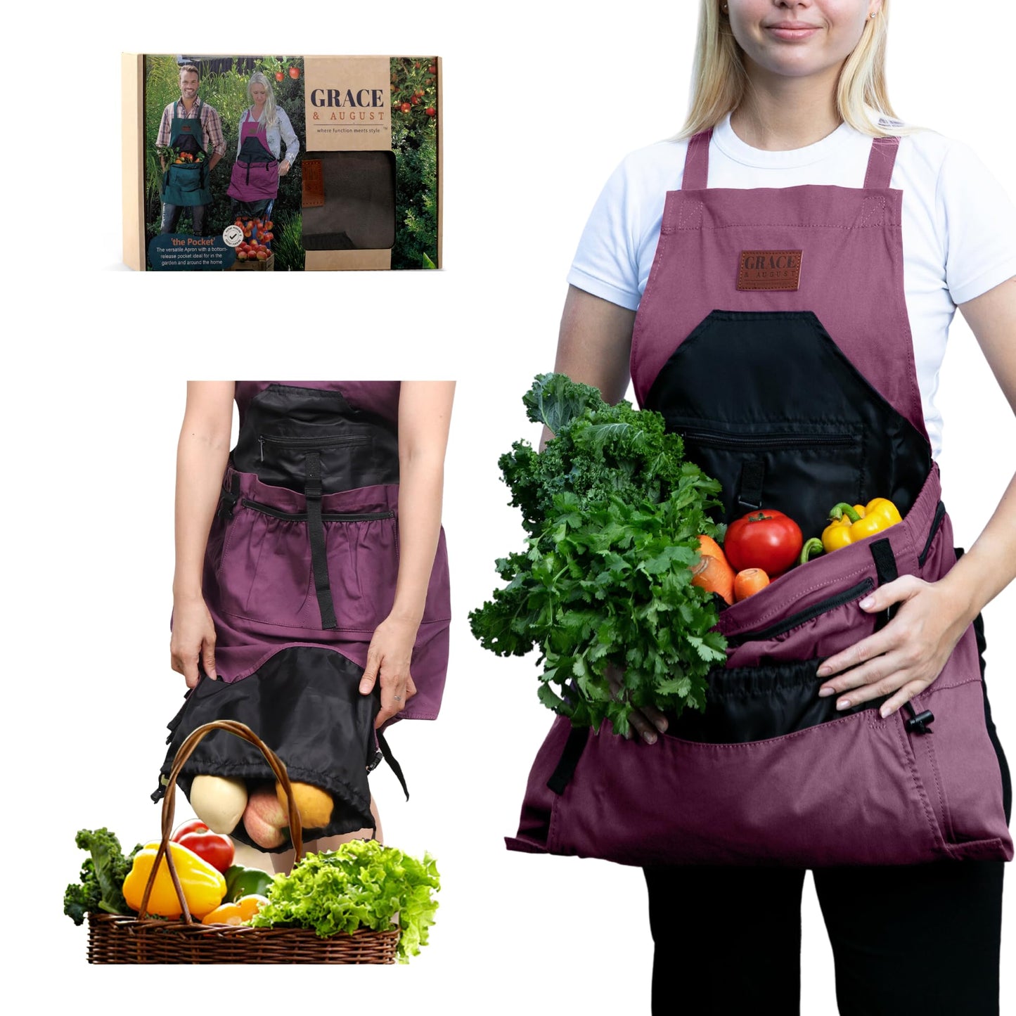 Grace and August Gardening Apron with Pockets for Women & Men - Unique Gardening Gift for Gardeners - Garden Apron 7 Pockets & Internal Drawstring Bag