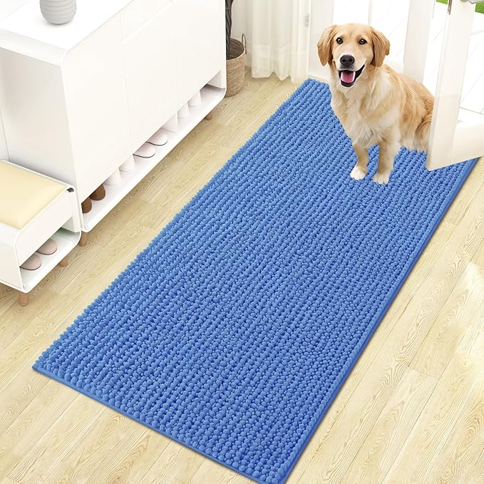 OLANLY Dog Door Mat for Muddy Paws 47x24, Ultra Absorbent Chenille Mud Doormat, Non-Slip Washable and Dirt Trapping Doormat for Indoor Entryway, Quick-Dry Indoor Pet Bed Mats for Dogs, Cornflower Blue