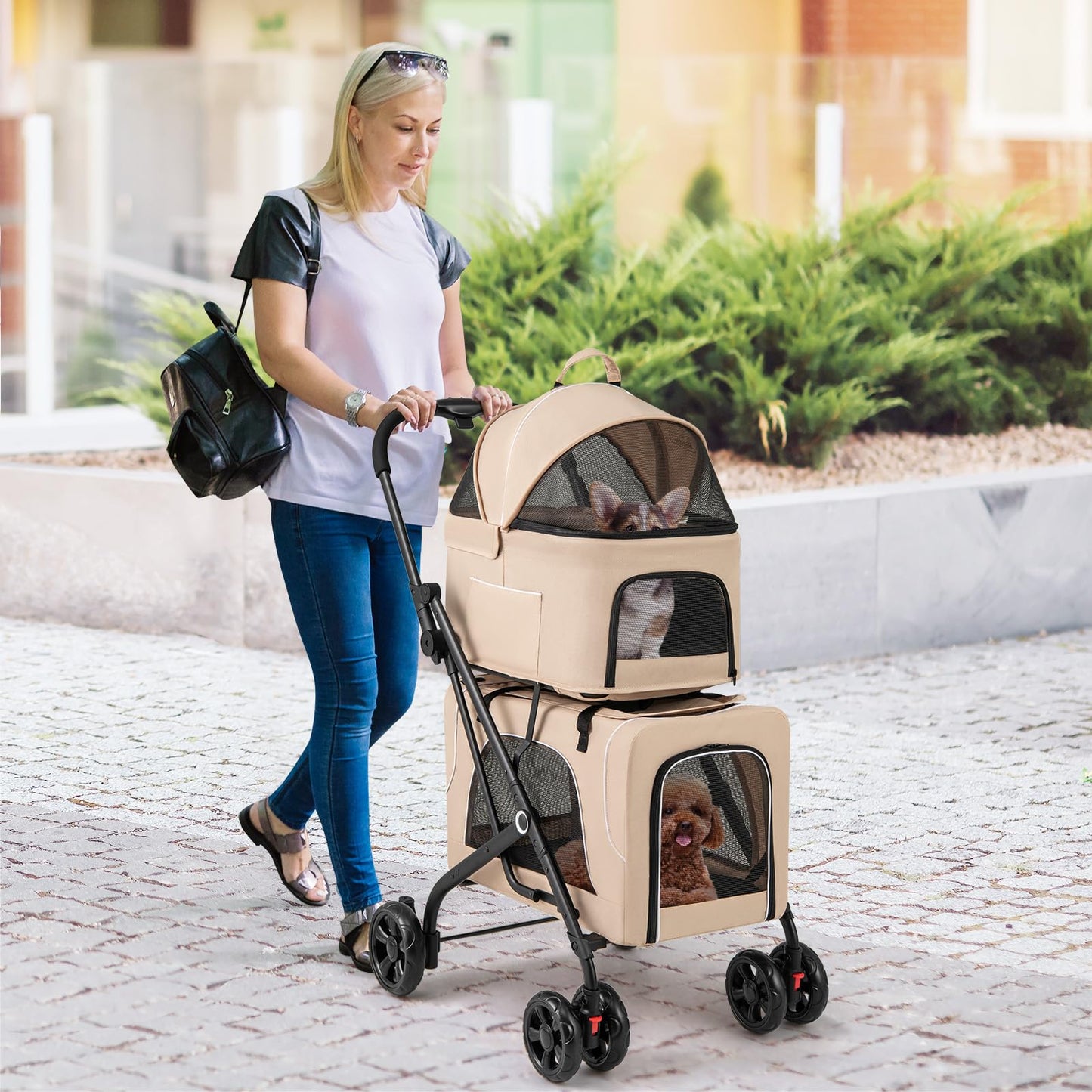 Giantex Double Dog Stroller for 2 Dogs, Detachable Carriers, Safety Belt, 4 Lockable Wheels, Pet Travel Carrier Strolling Cart, Folding Cat Stroller for Small Medium Pets Dogs (Beige)