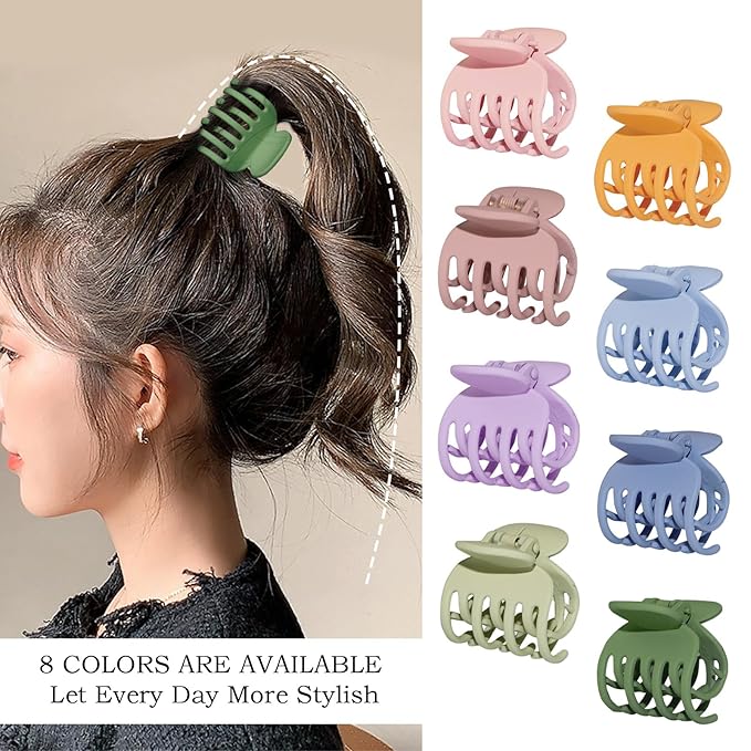 8PCS Claw Clips for Thin Hair Women, 1.6" Matte Medium Hair Claw Clips for Thin Fine Thick Hair Strong Hold Double Row Teeth Hair Clips Cute Jaw Clamps Short Hair Styling Accessories (Bright Color)