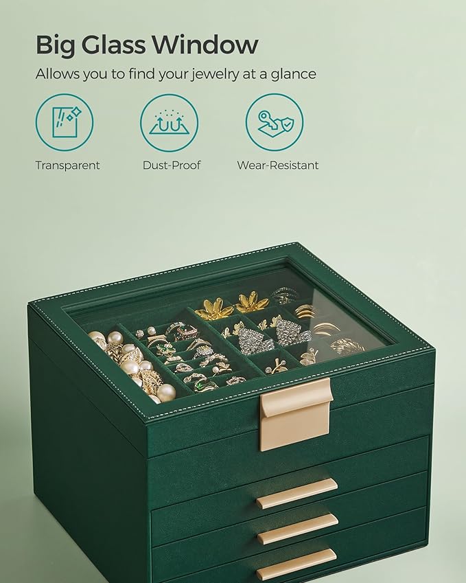 SONGMICS GISELLA Collection - Jewelry Box Organizer, 4-Layer Jewelry Storage with 3 Drawers, Shiny Metal Hardware, Glass Lid, Modern, 8 x 9.1 x 6.5 Inches, Forest Green and Gold Color UJBC173C01