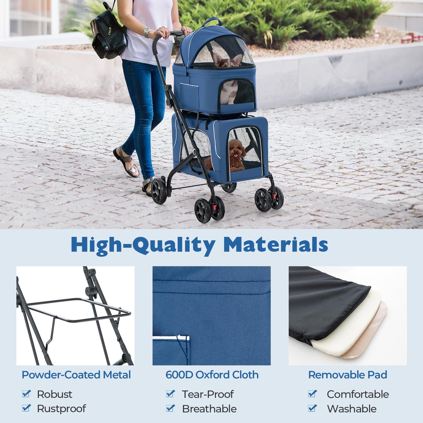 HAPPAWS Pet Stroller with Detachable Carriers, Adjustable Cat Stroller for Small & Medium Pets, 4-in-1 Cat Carriers with Safety Belt and Lockable Wheels, Navy Blue