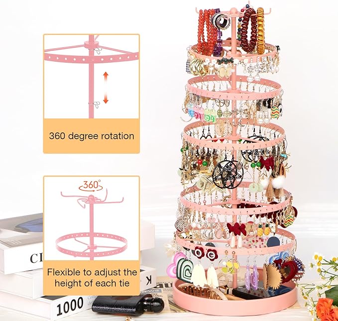 6 Tier Rotating Jewelry Organizer Stand, 230 Holes Earring Holder Organizer for Women Girls, Spinning Earring Tree with Ring Holder, Wide Base for Bracelets Watches Lipstick