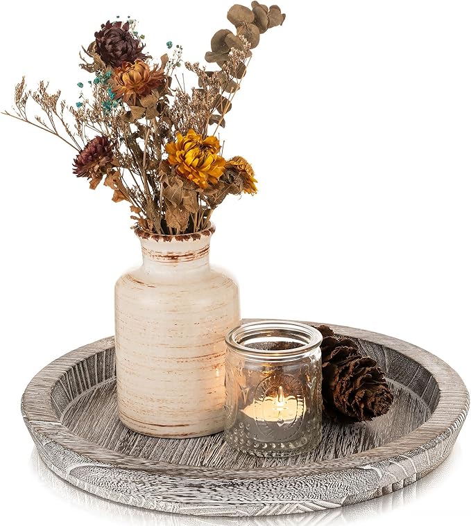 Wooden Decorative Tray Candle Holder: Romadedi Round Wood Tray Home Decor, Whitewash Rustic Trays for Farmhouse Dinning Table Kitchen Countertop Coffee Table Wedding Centerpiece, 11inch, Size L