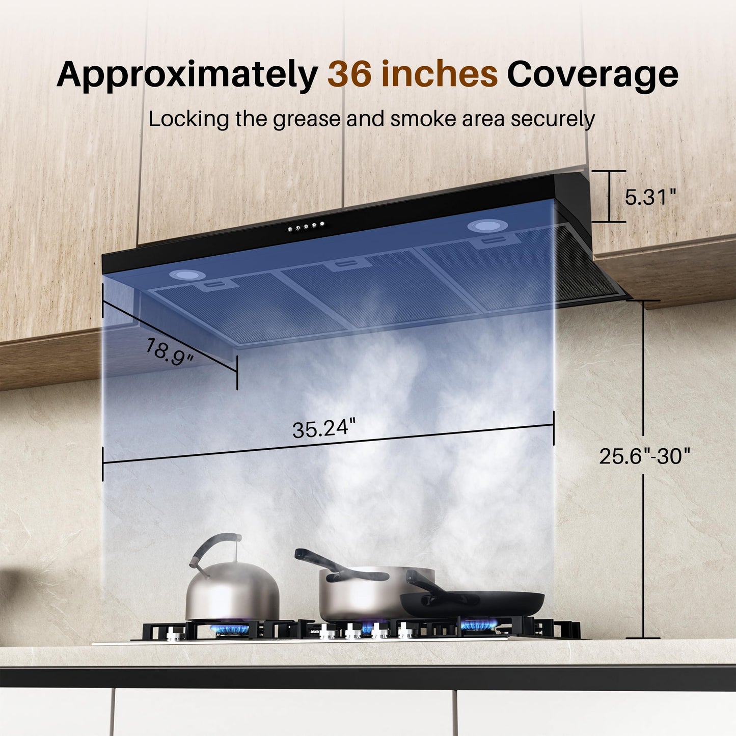 FIREGAS Black Under Cabinet Range Hood 36 Inch, Ducted/Ductless Convertible Kitchen Hood with 3 Speed Exhaust Fan, 300 CFM, LED Lights, Brushlesss DC Motor Vent Hood for Kitchen