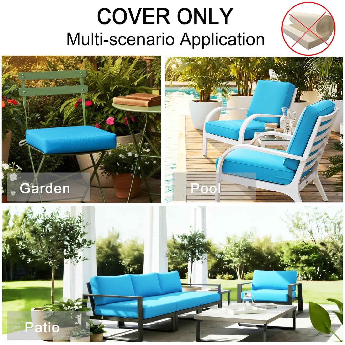 NettyPro Patio Cushion Covers Replacement Set 4 Water Repellent UV Resistant Outdoor Chair Seat Cushion Slipcover with Zipper and Tie, 22 x 20 x 4 Inch, Peacock Blue