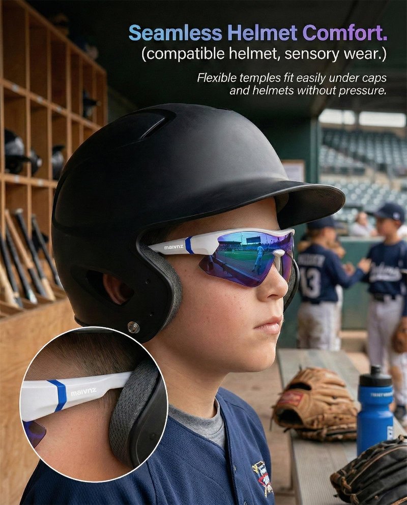 maivnz Youth Baseball Sunglasses for Boys and Girls Ages 6-12, Kids Sports Glasses for Softball Cycling, Helmet Compatible（White/Blue
