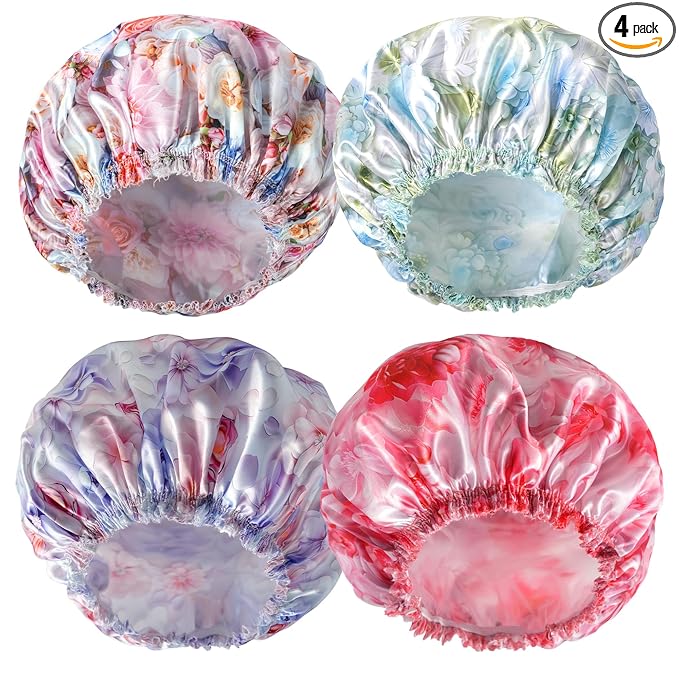 4 PCS Shower Caps for Women, 3D Printing Bath Caps, Double Layers Shower Cap Reusable Waterproof, Bathing Shower Caps, Environmental Protection Hair Bath Hat - Flower