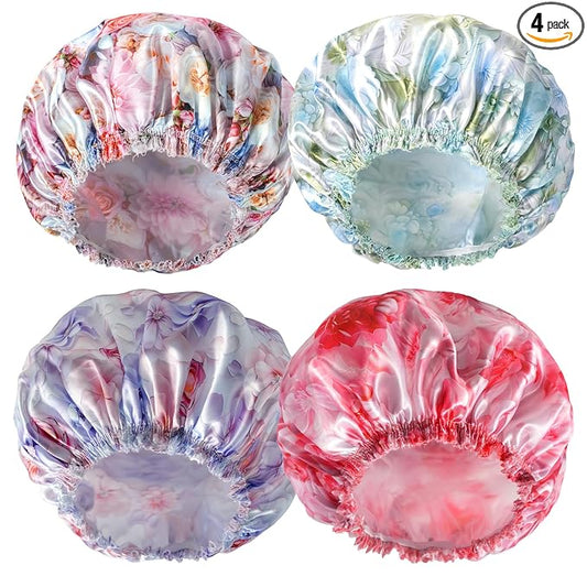 4 PCS Shower Caps for Women, 3D Printing Bath Caps, Double Layers Shower Cap Reusable Waterproof, Bathing Shower Caps, Environmental Protection Hair Bath Hat - Flower