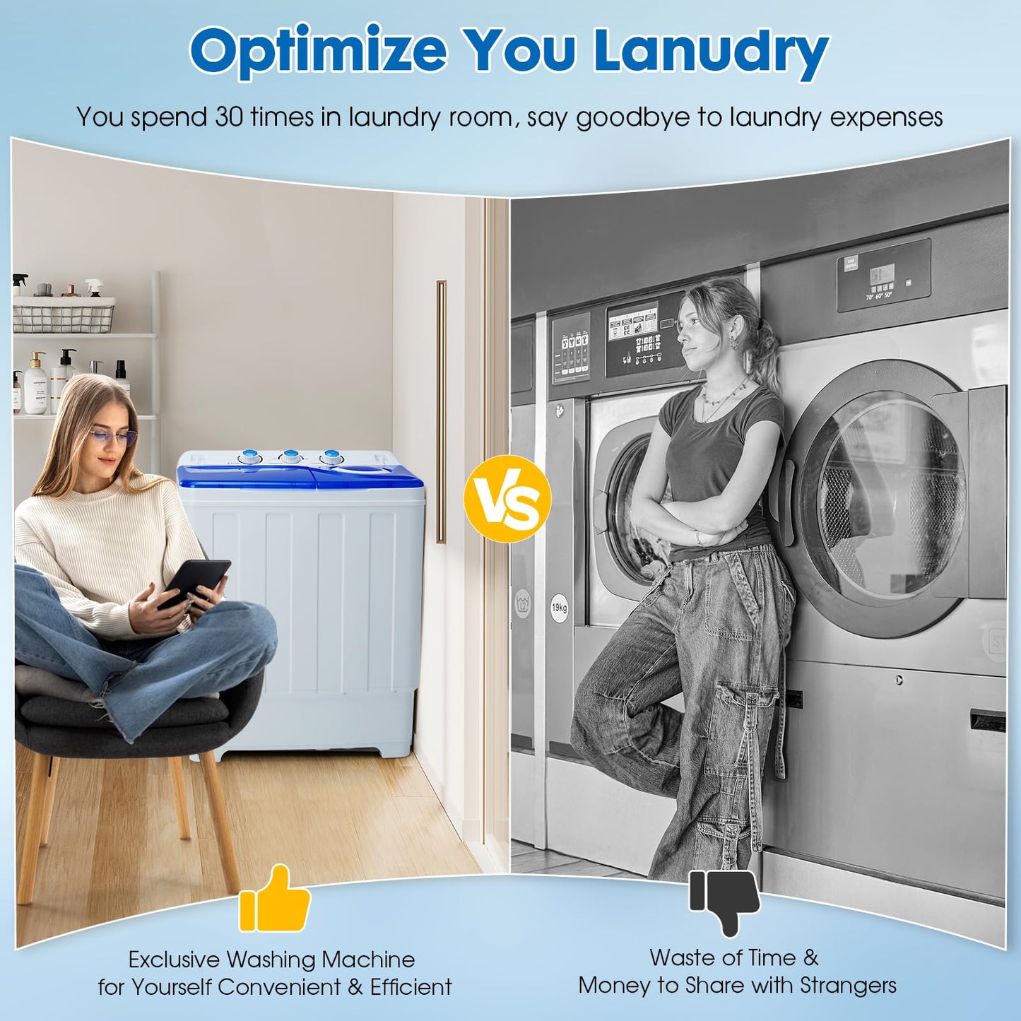 Dawmilon Portable Washing Machine Twin Tub - 28lbs Compact Washer (18lbs) and Spinner Dryer (10lbs) Combo with Drain Pump - Semi Automatic Washing Machine for Apartments, Dorms, RVs, Camping - Blue
