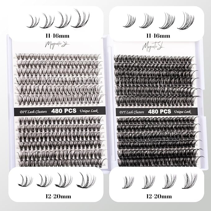 Lash Clusters 480 Clusters 60D 80D Thick Eyelash Extension 30D 40D Individual Eyelashes 11-20mm False Eyelash Multi-Style DIY Lash Extensions for Beginners(30D-80D-D, 11-20MIX)