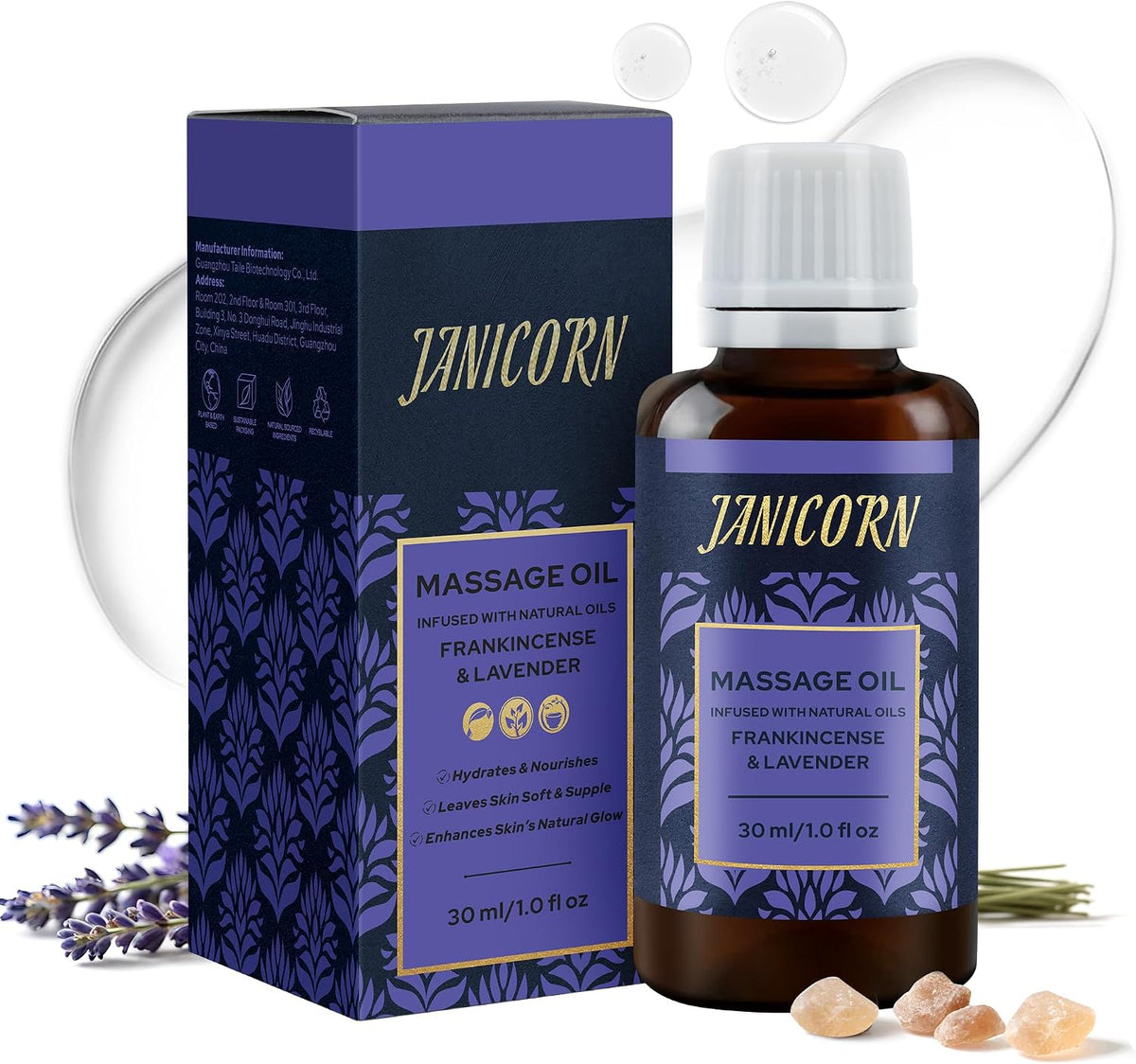 Frankincense & Lavender Aromatherapy Massage Oil – Essential Oil Blend with Jojoba & Sweet Almond Oils, Lightweight Skin & Body Hydration, Warm Resinous-Floral Aroma, 1 fl oz / 30 ml
