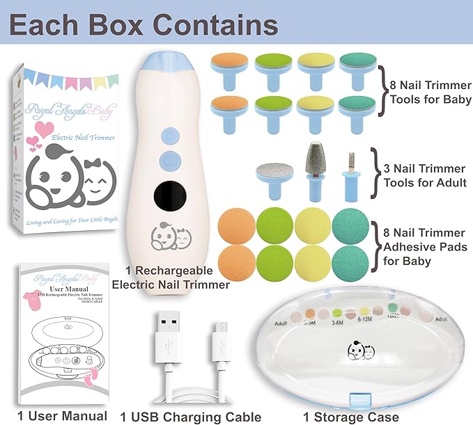 Royal Angels Rechargeable 22 in 1 Baby Nail Trimmer with LCD Display, Labeled Case, 13 Extra Pads, 4 Speed Settings, Safe Quiet LED Light Electric Baby Nail File Kit for Newborns Toddlers (WhiteBlue)