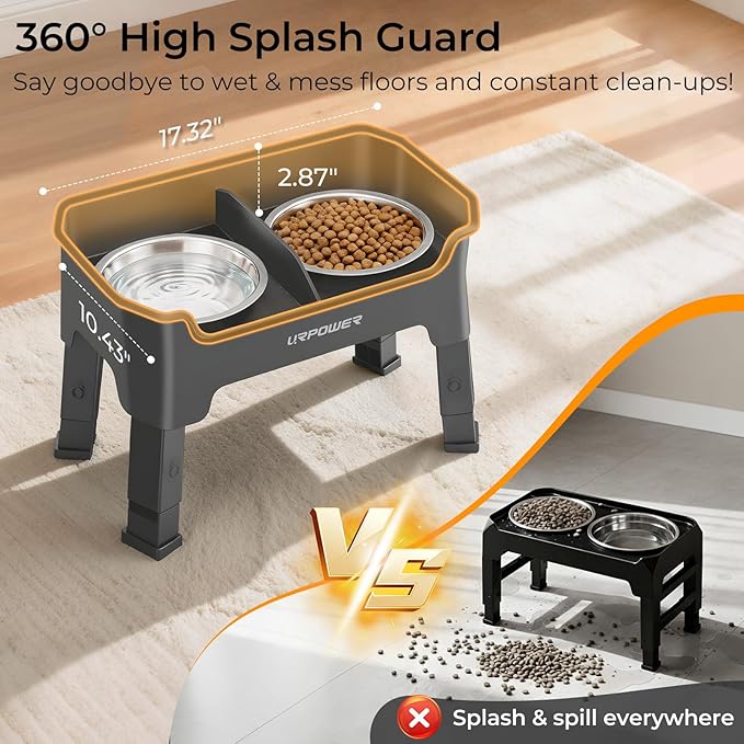 URPOWER Mess Proof Elevated Dog Bowls, High Wall Splash Guard Design, 4 Height Adjustable Raised Bowl Stand, 2 Large Stainless Steel Bowls, Non-Slip Food Water Set for Small Medium Large Dogs