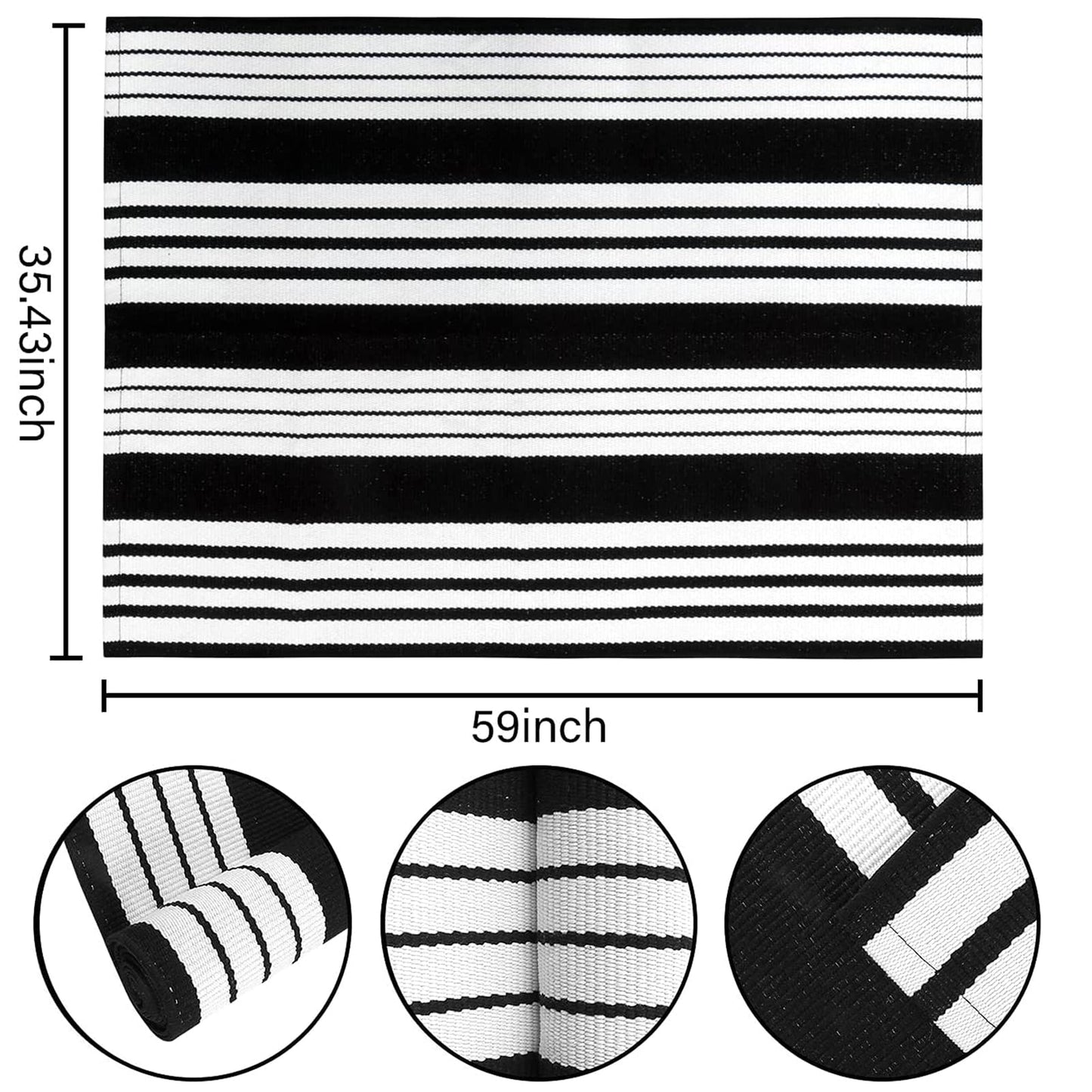 BUAGETUP Black and White Outdoor Rug 3'x 5' Cotton Woven Washable Rug Striped Front Porch Rug Area Rug Floor Mat for Farmhouse/Layered Door Mats/Living Room