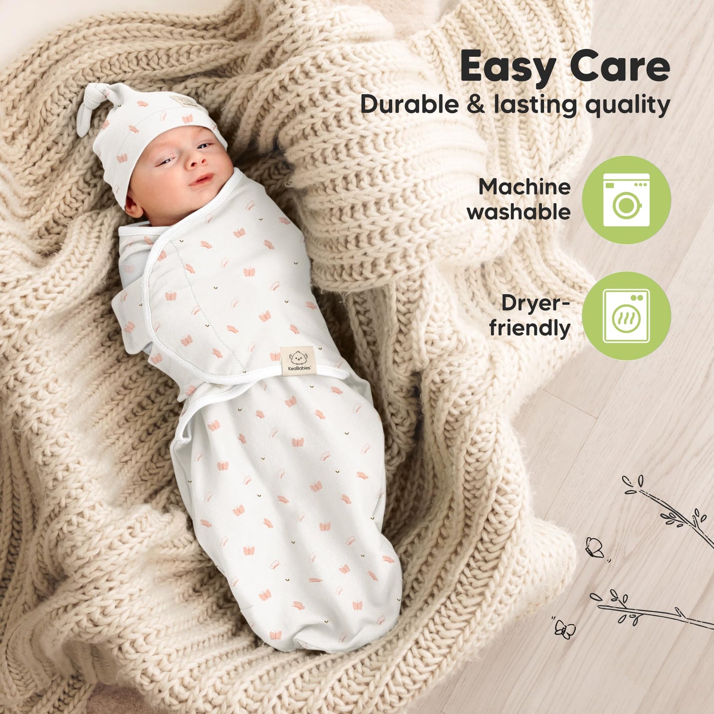 KeaBabies 3-Pack Swaddles for Newborns, Girls, Boys with Hats - Organic Soft Baby Sleep Sacks, Breathable Baby Swaddle 3-6 Months Beanies Set, Premie Infant Sleep Sack 0-3 Months (Butterflies)