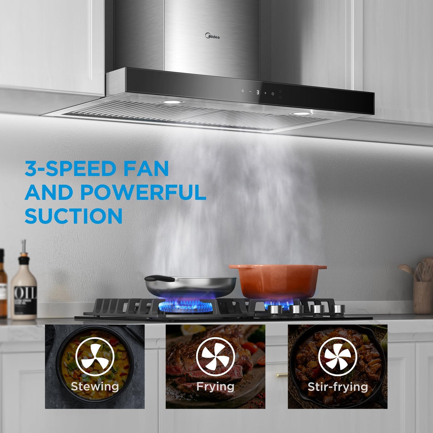 Midea MVT30W9AST Range 30 Inch 450CFM Vent T Shape Stove Hood with 5-Layer Aluminum Permanent Filters Kitchen Exhaust Fan, Ductless Convertible, 3 Speed, Stainless Steel