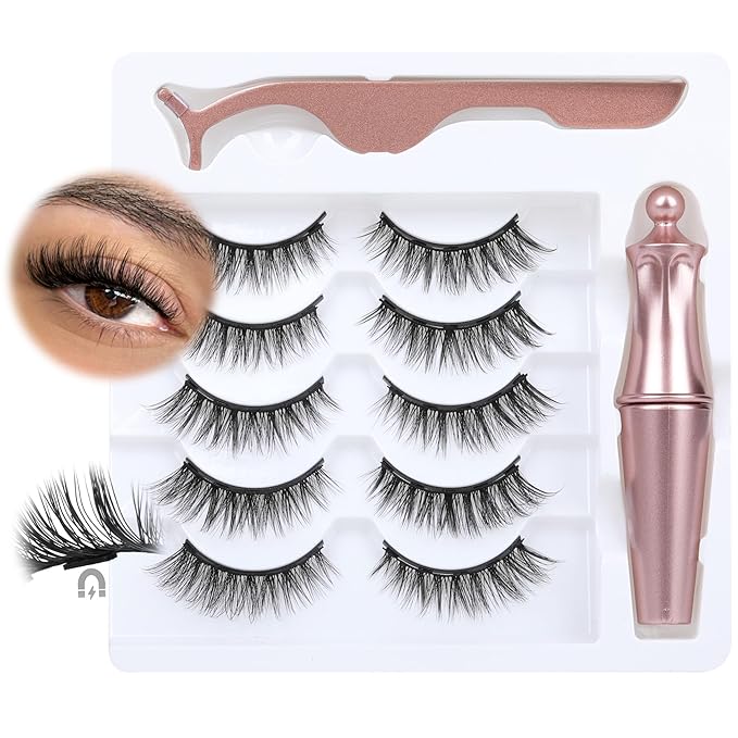 Magnetic Eyelashes with Eyeliner Natural Look Magnetic Lashes with Applicator No Glue Needed Cat Eye Lash Wispy Magnet Lash 5 Pairs with Magnet Eyeliner
