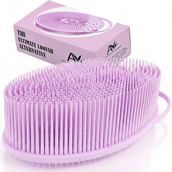 Avilana Premium Exfoliating Body Scrubber - Trusted Since 2017 - SGS Certified Silicone Bath Brush, Firm Bristles Smooth Rough Bumpy Skin Texture, Dual Sided Loofah Alternative Women Men Kids