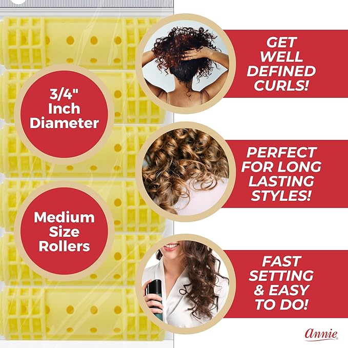 Annie Snap-On Magnetic Rollers 3/4 Inch Yellow 12 Pack - Medium Hair Curlers for Curls & Waves - Durable, Reusable & Easy to Use on Dry or Damp Hair - Secure Fit for All Hair Types
