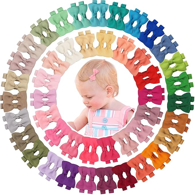 CLLOT Hair Clip 90PCS, Baby Girls Fully Lined Baby Bows Hair Pins Tiny 2' Hair Bows Alligator Clips for Infants Toddlers in Pairs