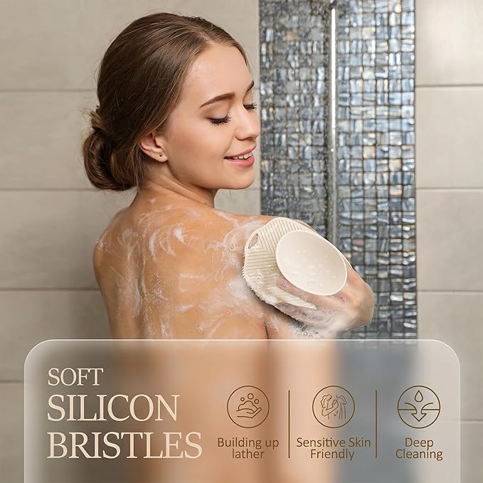 Soft Silicone Body Scrubber, Gentle Like a Hand Exfoliating Your Skin and Build Up Lather Easily, Back Large Suction Cup Easy to Store, Long-Lasting & Deep Clean (Beige)